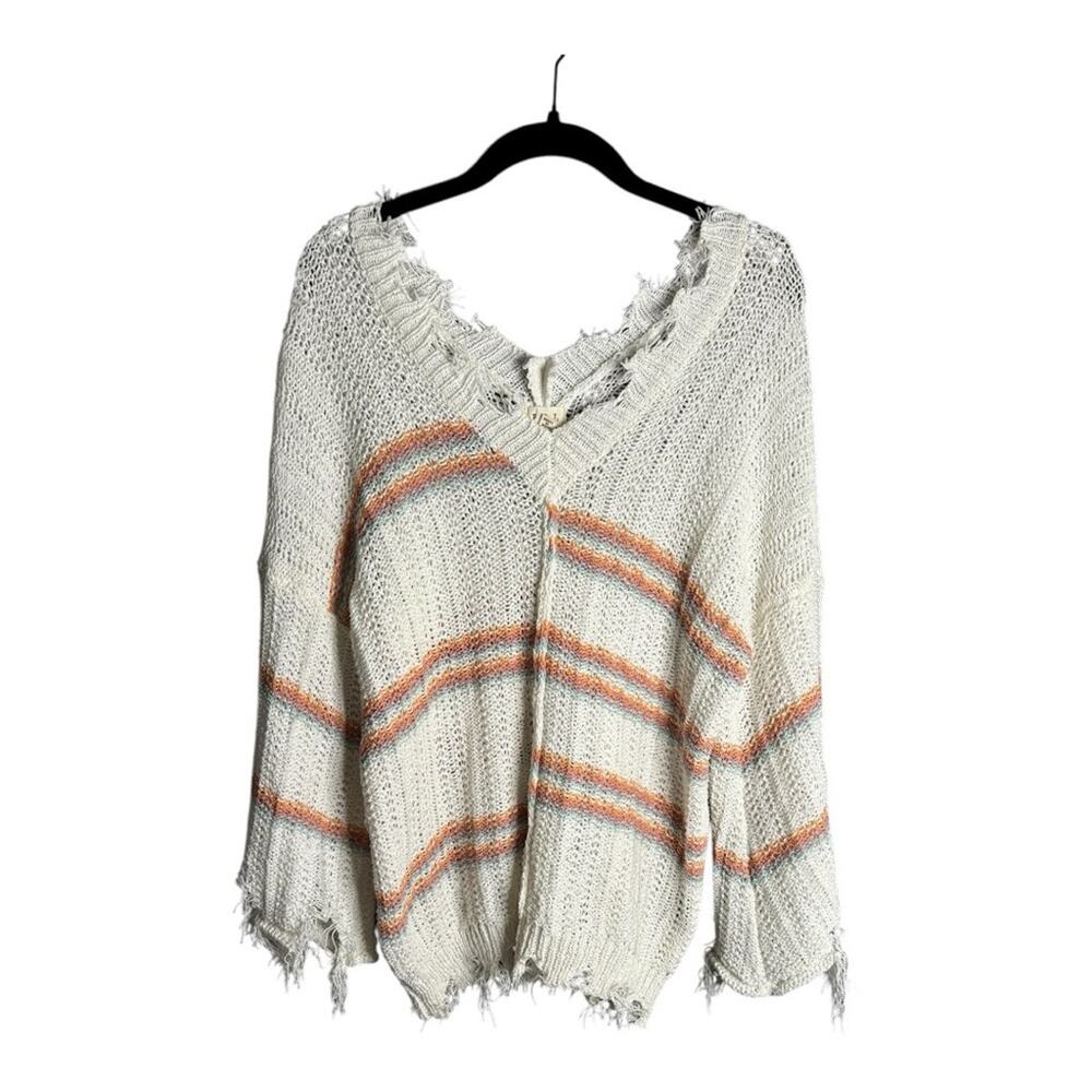 POL White and Orange Open Knit Sweater With V Neckline & Frayed Edges Small